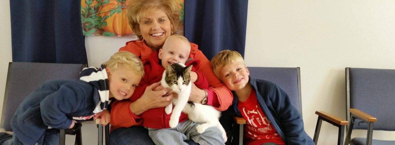 A woman holding a cat and two boys in a chair.