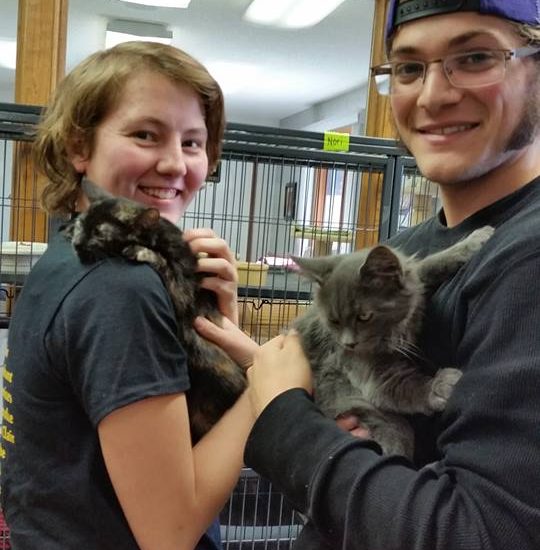 A man and woman holding kittens in a cage.