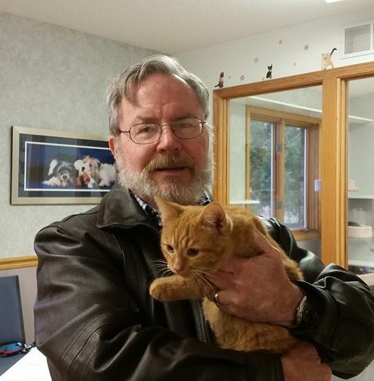 A man holding an orange cat in an office.