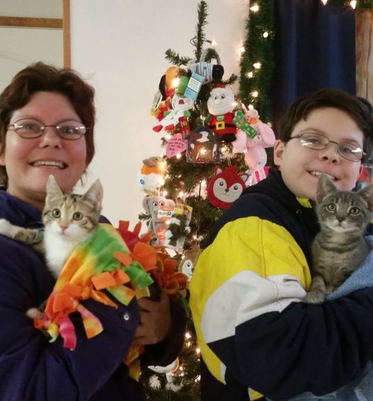 Two women holding cats in front of a christmas tree.