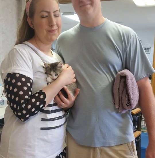 A man and woman holding a cat in a room.