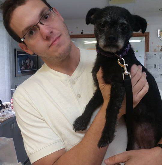 A man holding a small black dog in front of a counter.