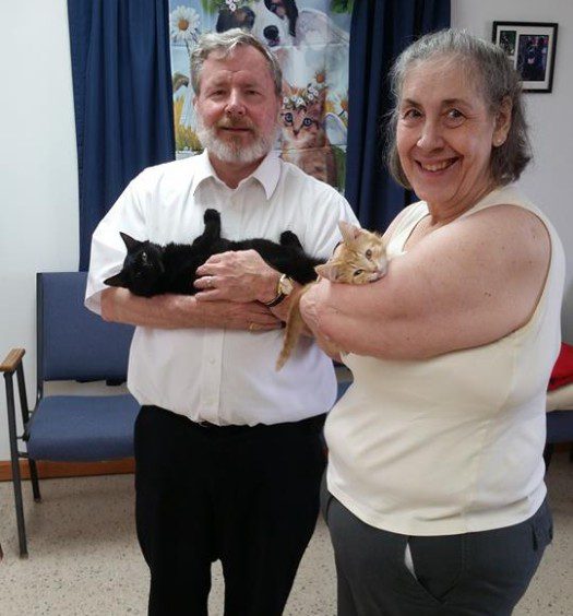 A man and woman holding two cats in a room.