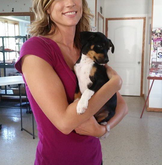 A woman holding a black and tan puppy in a room.