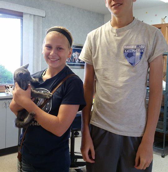 Two young people standing in a room holding a kitten.