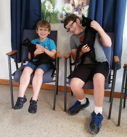 Two boys sitting in chairs with a black cat.