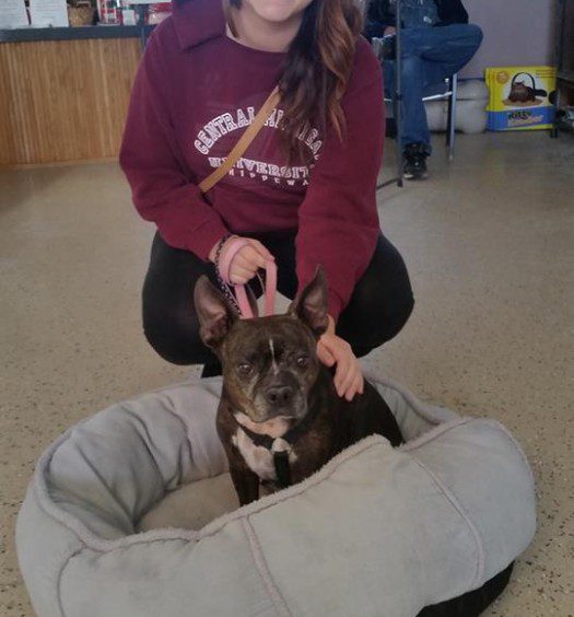 A woman posing with a dog in a dog bed.