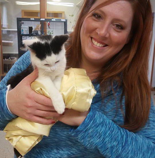 A woman holding a black and white cat.