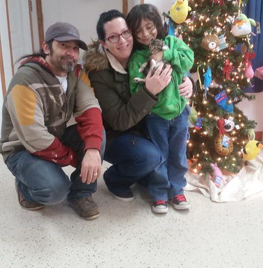 Three people posing for a photo in front of a christmas tree.