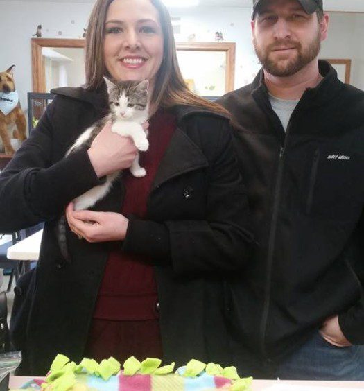 A man and woman holding a kitten in front of a table.