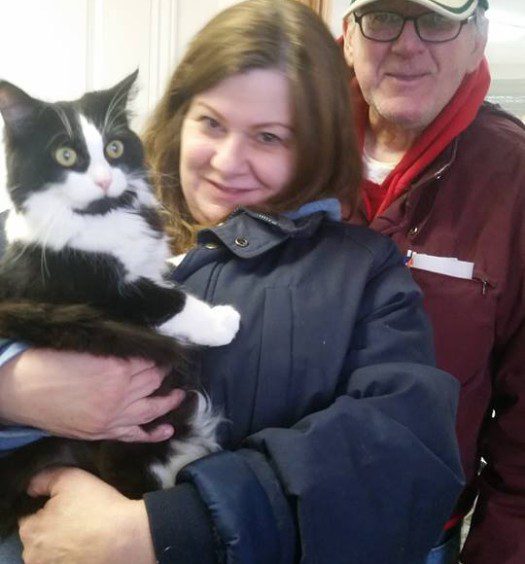 A man and woman holding a black and white cat.