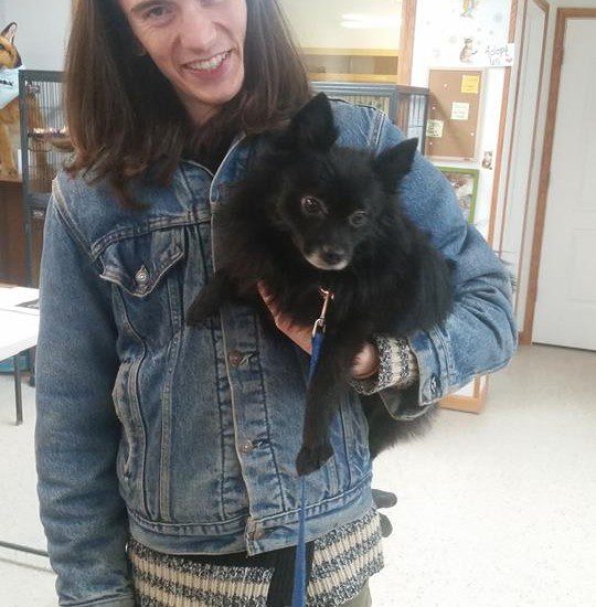 A young man holding a black dog in a denim jacket.
