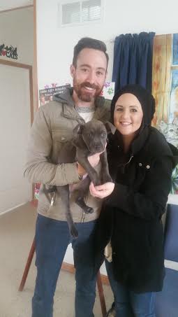 A man and woman holding a puppy in a room.