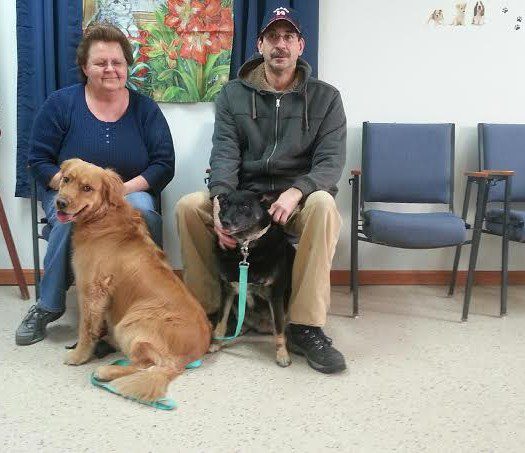 A man and woman sitting in a room with two dogs.