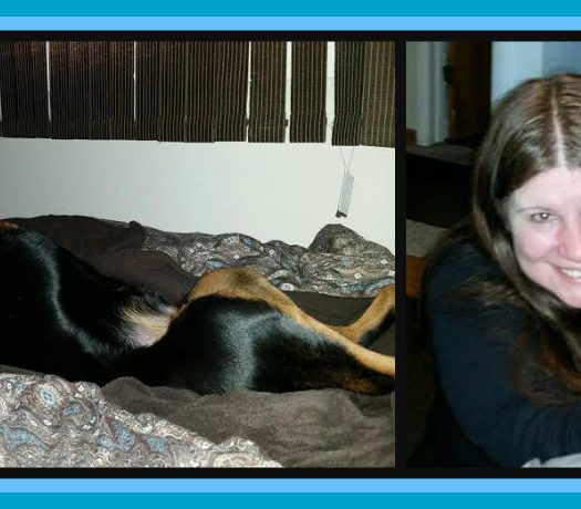 Two pictures of a woman laying on a bed with a dog.