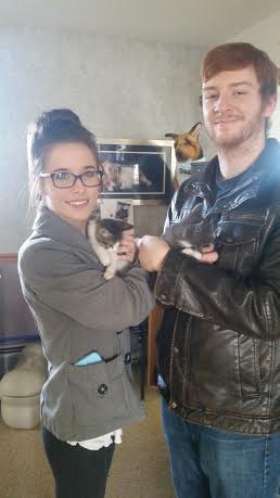 A man and woman holding a kitten in a kitchen.