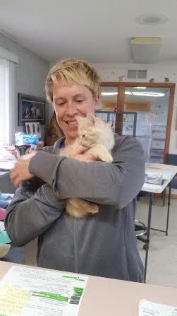 A man in gray shirt holding a kitten