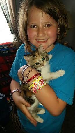 A young girl holding a kitten in her arms.