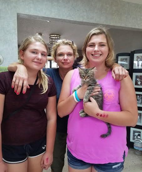 Three women are posing with a cat in a lobby.