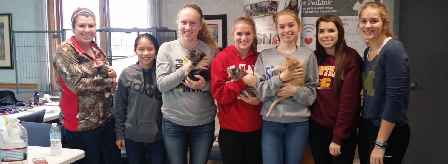 A group of girls standing together with cats