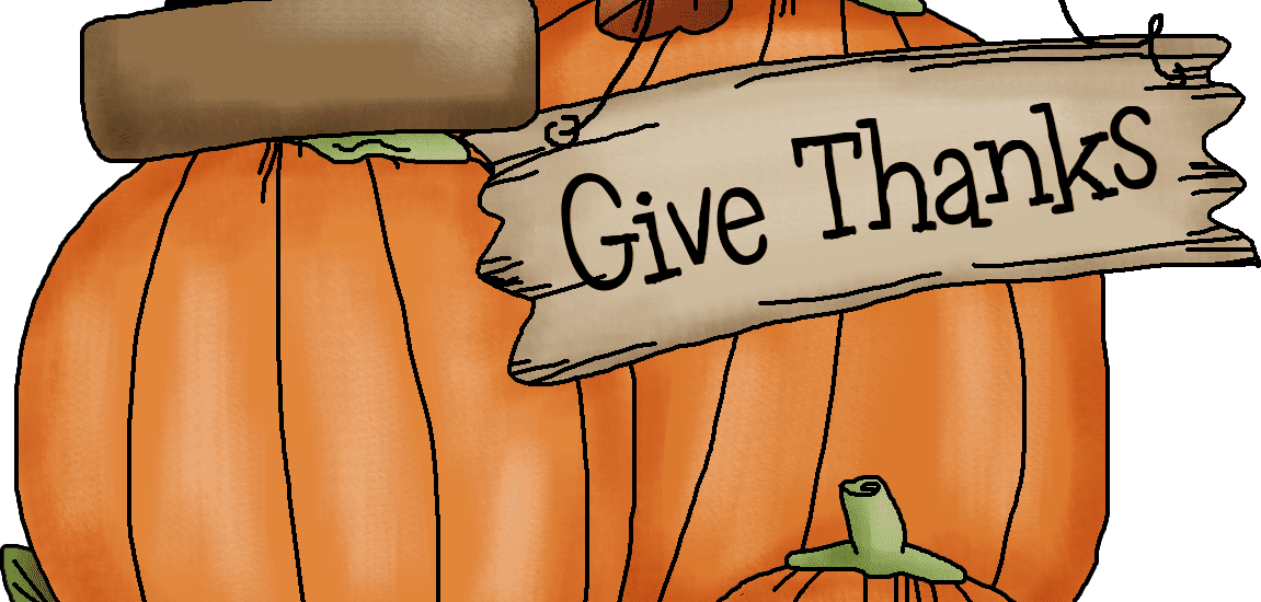 A cartoon image of pumpkins with a board give thanks