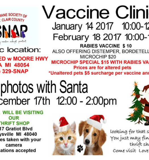 A poster of vaccine clinics humane society