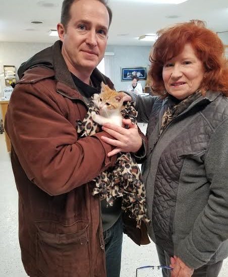 A man and woman holding a cat in a hospital.