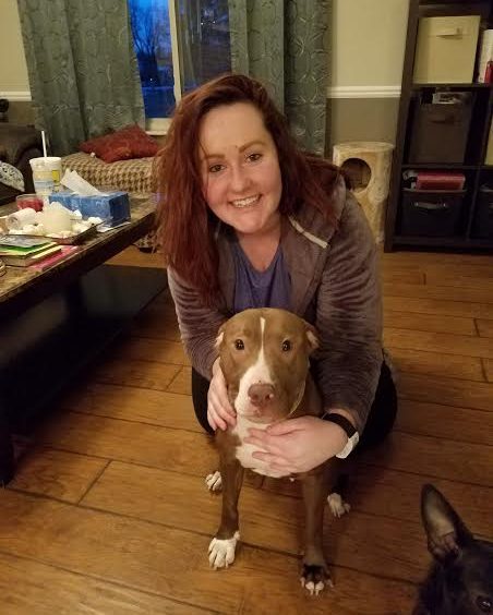 A woman kneeling down next to a pit bull terrier in a living room.
