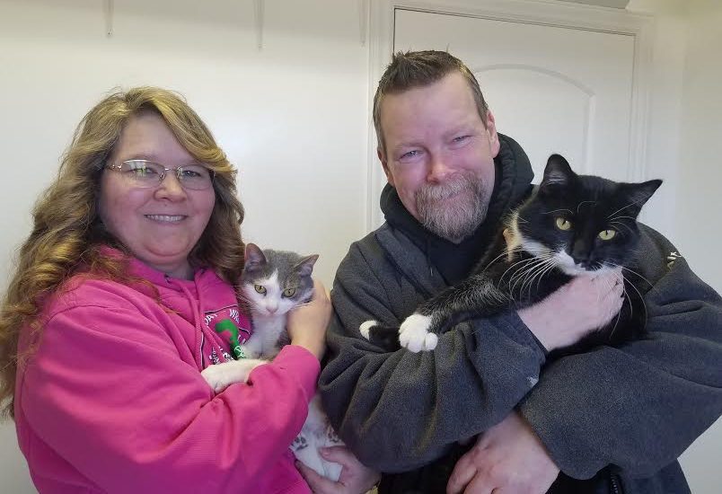 A man and woman holding two cats in a room.