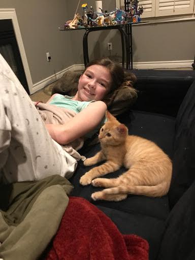 A girl laying on a couch with an orange cat.