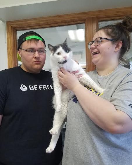 A man and woman are holding a cat in an office.