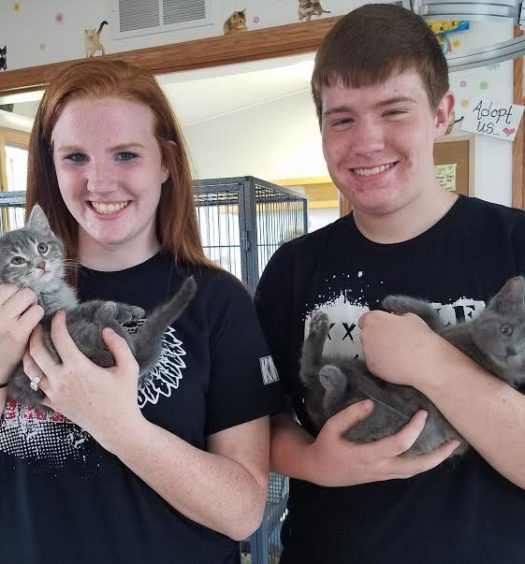 Two young people holding gray kittens in a kennel.