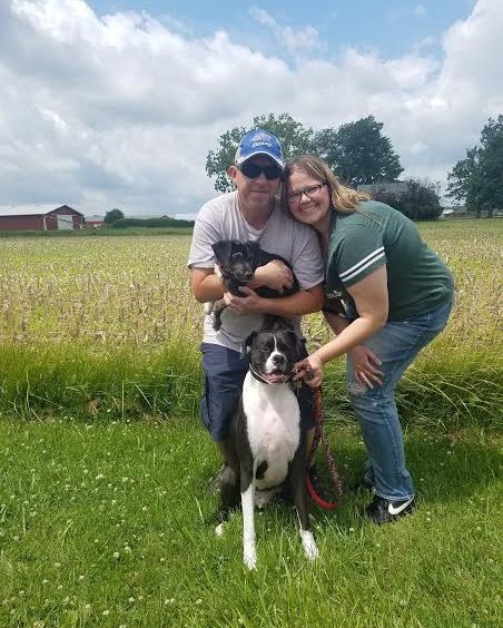 A man and woman pose with their dogs in a field.