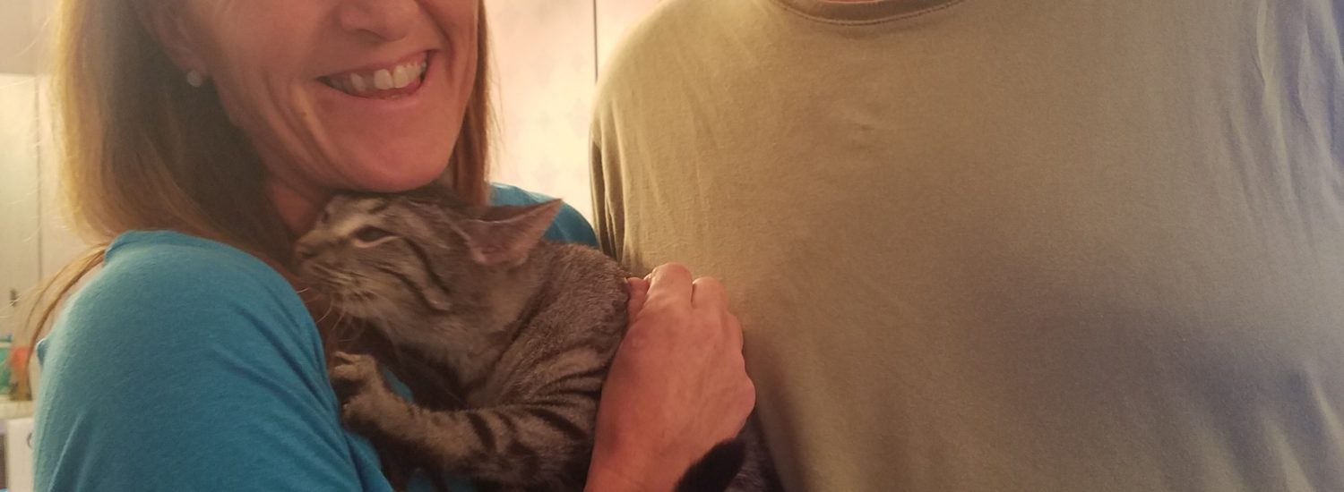 A couple holding a cat and smiling