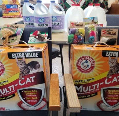 A bunch of pet products donated by Katie Sagar